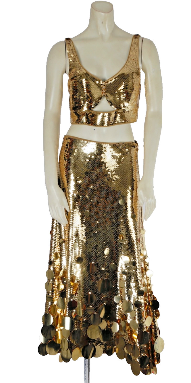 Rabanne H&M Metallic Gold Sequin Disc Crop Top & Midi Skirt 2PC Set Runway Sz M